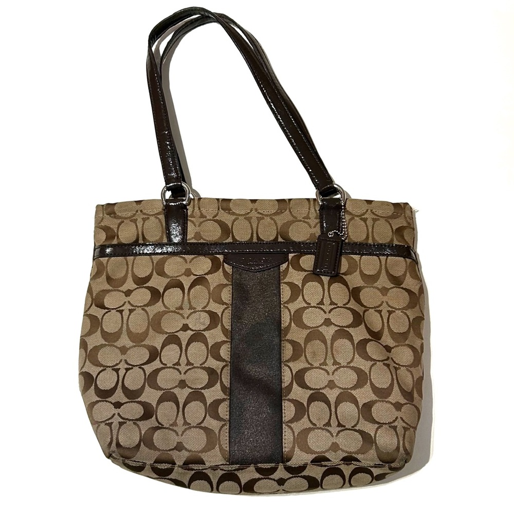 Authentic Coach Large Purse Shoulder Bag Brown Beige  Logo Leather Pockets Tan